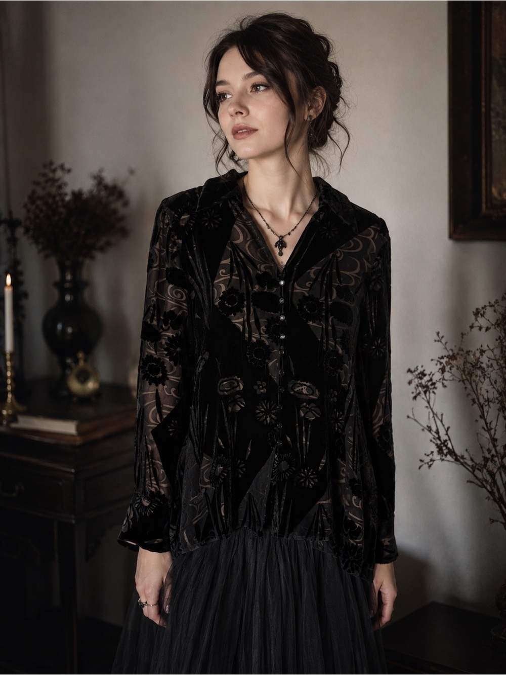 Vintage 90s Silk Velvet Floral Burnout Button Front Black Top Whimsigoth Witch